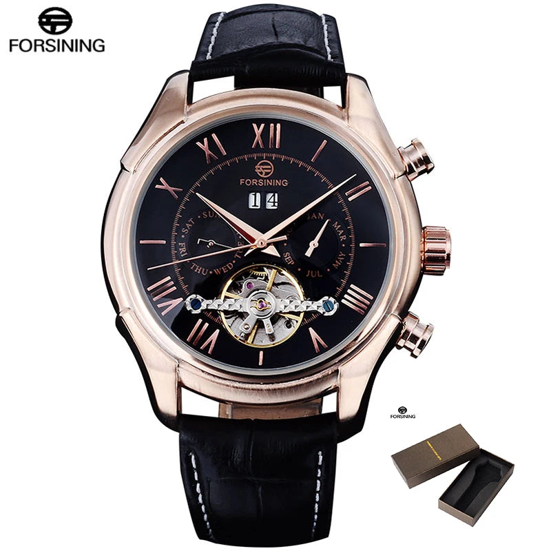 Men's Mechanical Wrist Watch Auto Date Week Month Display Rose Gold Roman Numerals Leather Band 22mm Width Analog Brand Name