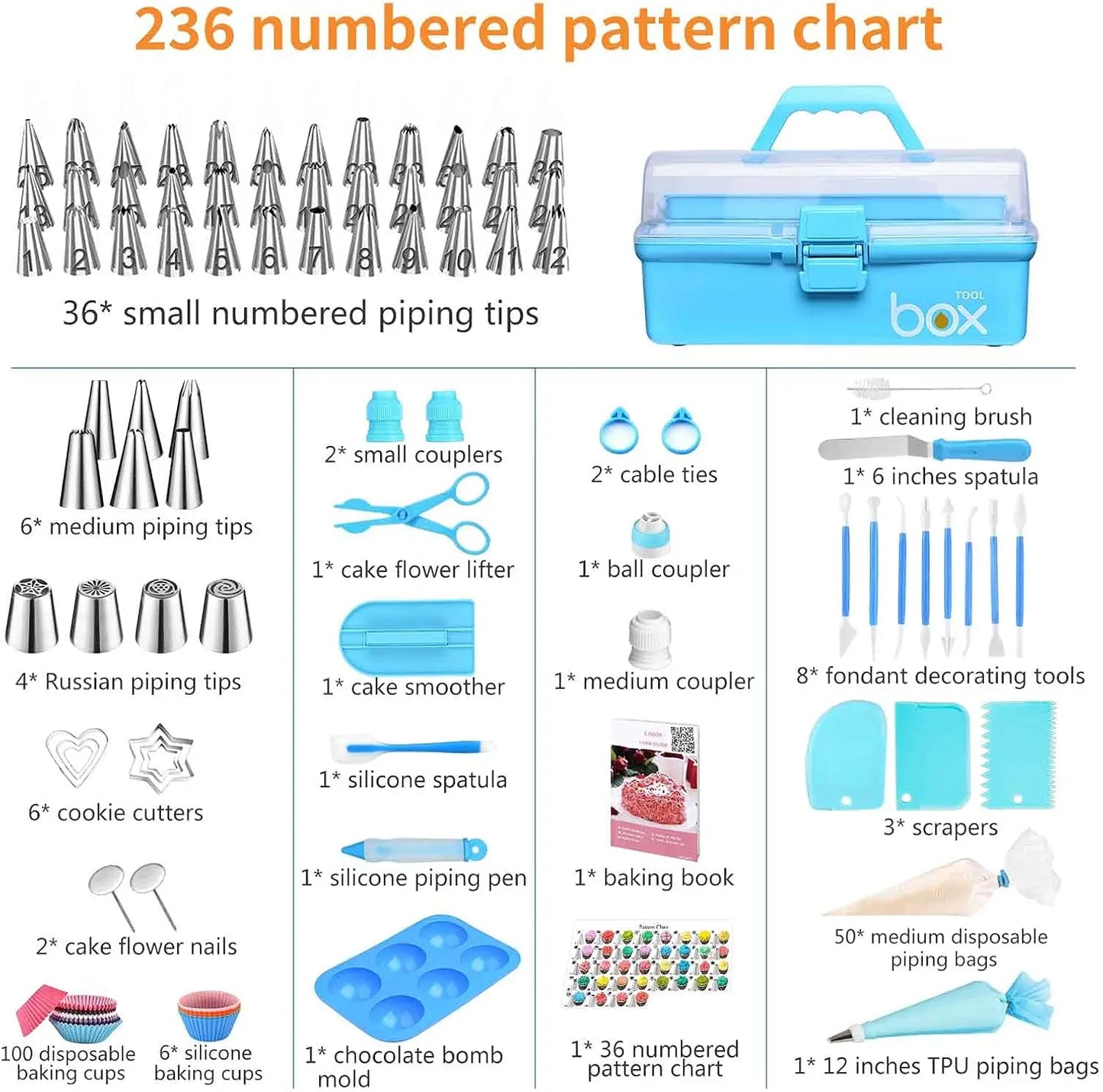 Professional Blue 236pcs Baking Pastry Tools Kit Cake Decorating Supplies Storage Case Piping Bags Icing Tips for Cupcake Adults