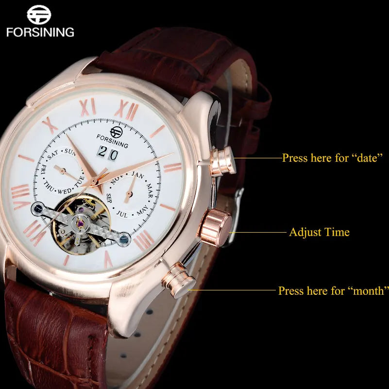 Men's Mechanical Wrist Watch Auto Date Week Month Display Rose Gold Roman Numerals Leather Band 22mm Width Analog Brand Name