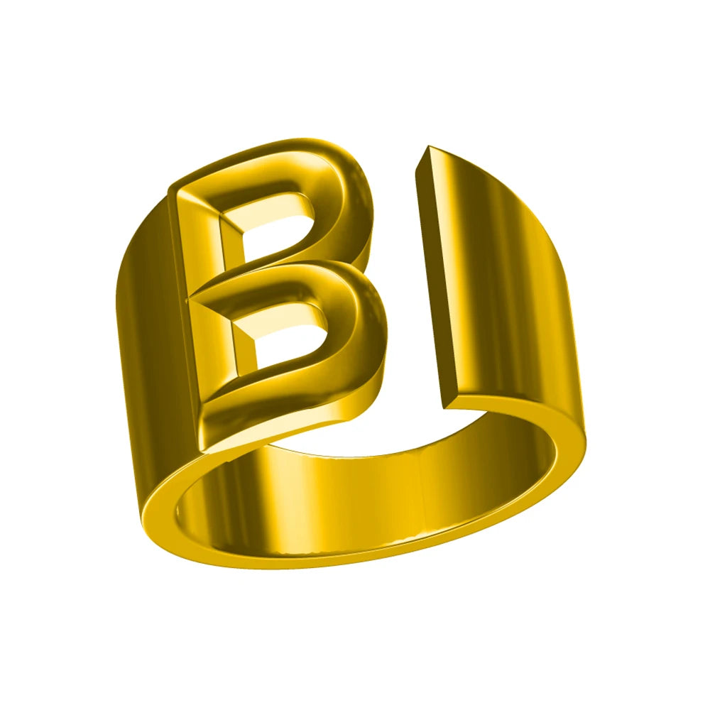Letter Ring A-Z  26 Capital Letters Plated  Real 18K Gold Opening Adjustable Man Women Fashion Jewelry Rings