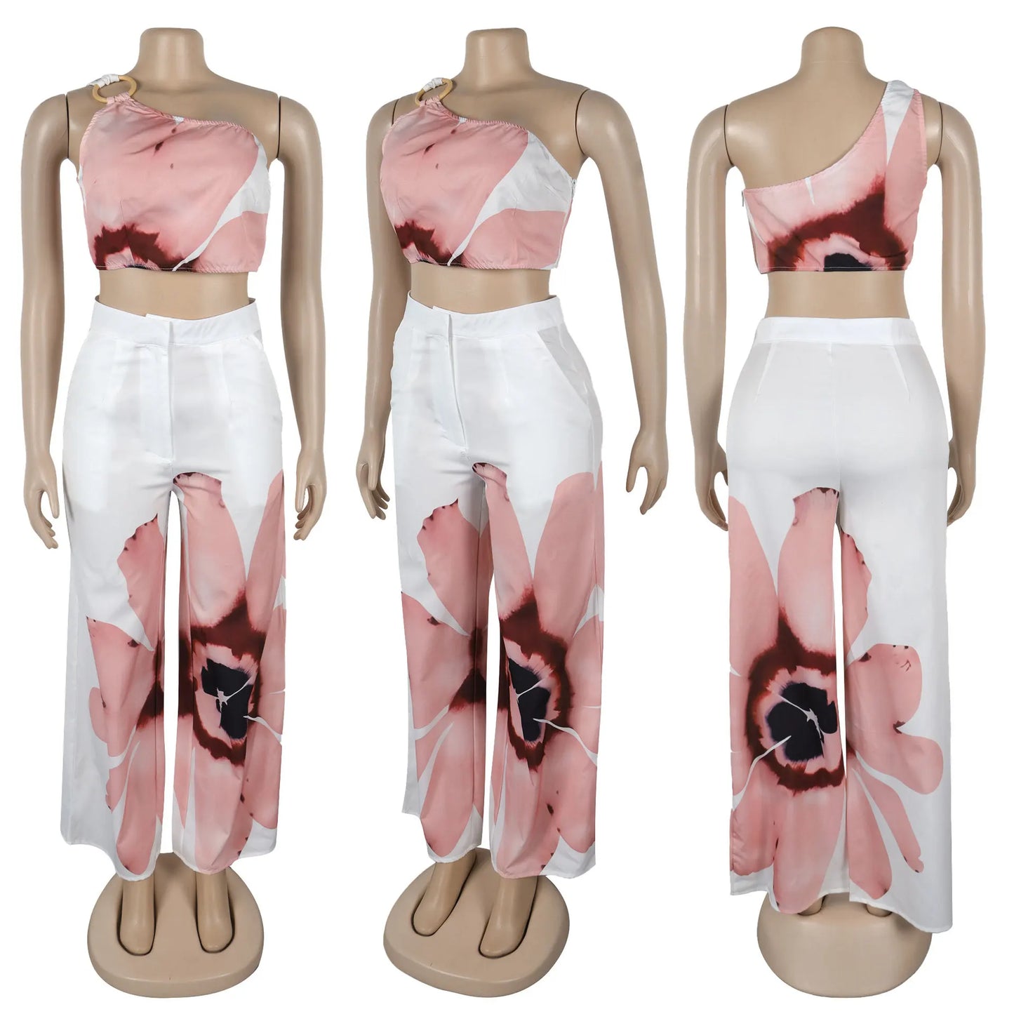 S10831 Latest Design Summer Outfits for Women Slim Single Shoulder Printed Top and Wide Leg Pants Two Piece Set for Women