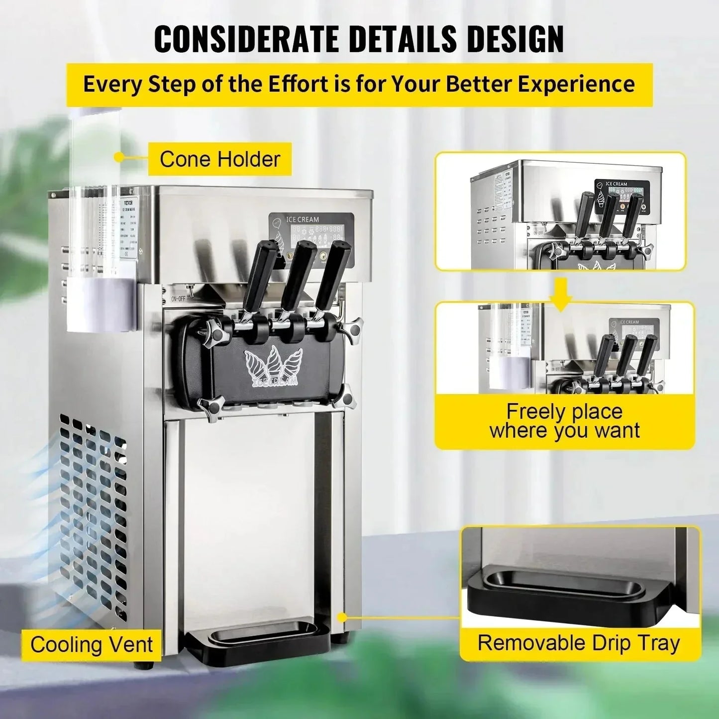 VEVOR 1200W A168  Compressor Ice Cream Maker 4-Nozzle LCD Panel Machine for Yogurt and Milk 3 Flavors New Condition