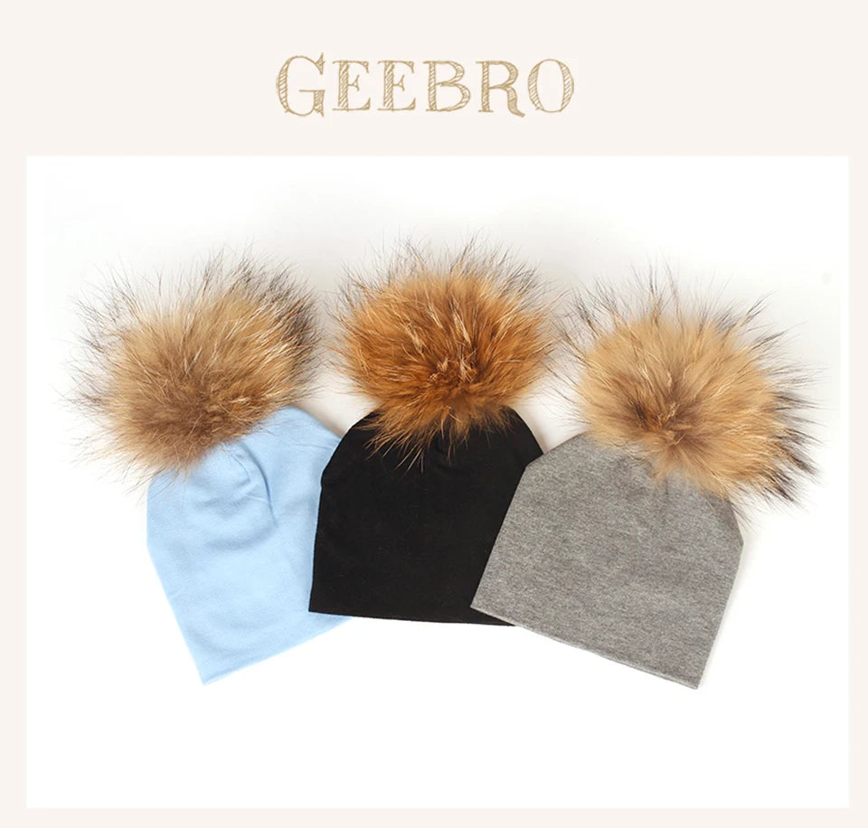 Geebro 0-3 Month Baby Boys Soft Cotton Real Fur pompom Beanies Hats For Newborn Girls Spring Autumn Kids Infants Toddler Hats