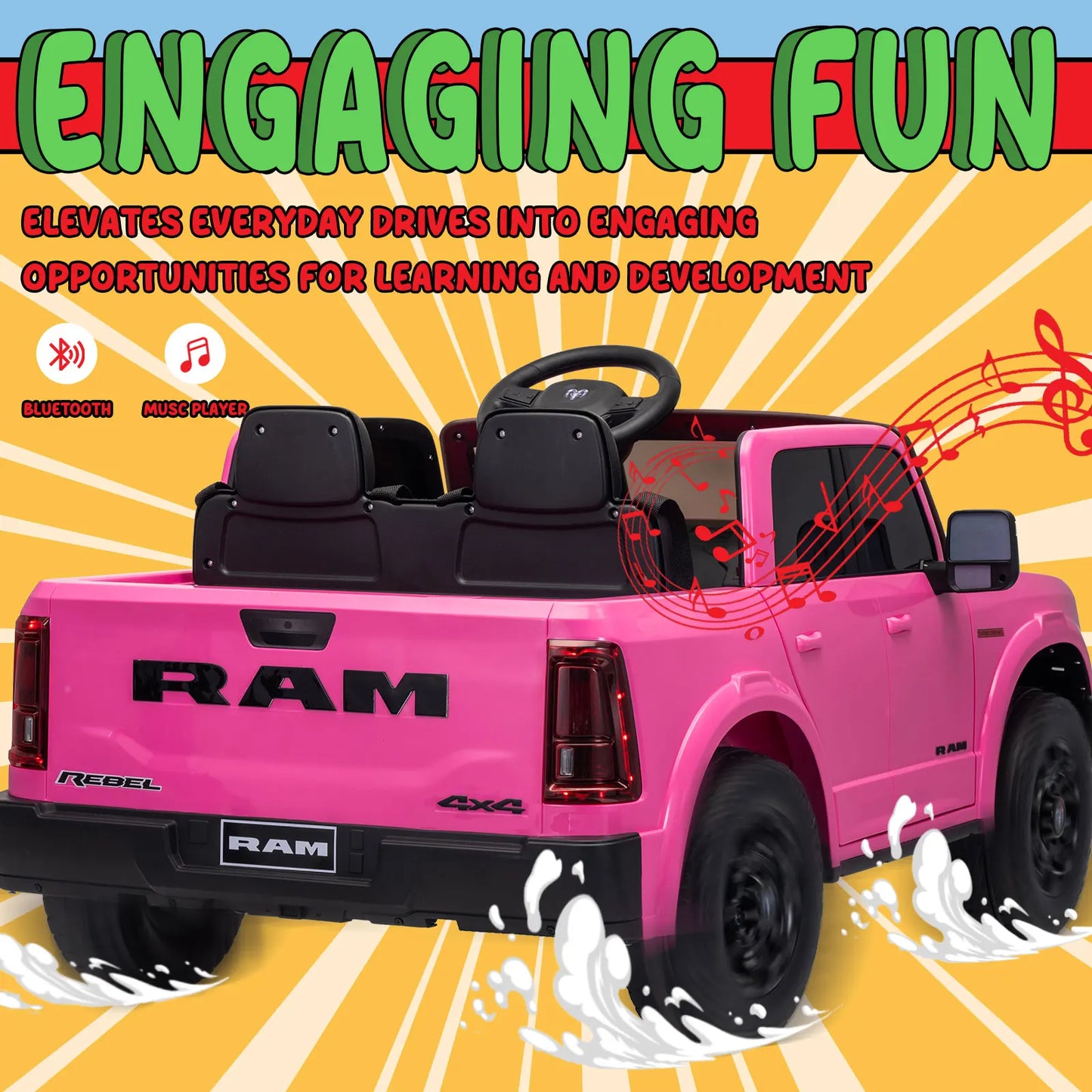 KerryYoo SQ7 Licensed RAM 24V Ride on Truck for Big Kids, 2 Seater Electric Car with Remote Control, Storage Bed - Pink