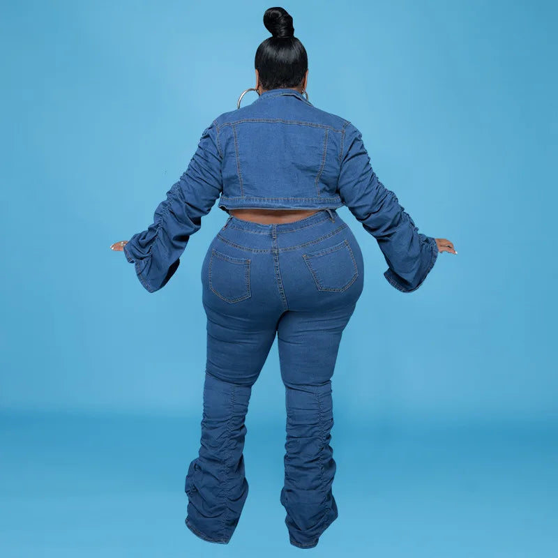 Denim Plus Size Sets Women 2 Piece Set Puff Long Sleeve Jacket Stretch Stacked Jeans Fall Winter Clothes Wholesale Dropshipping