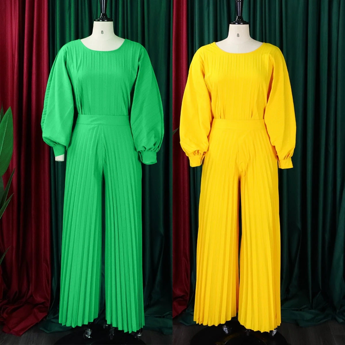 C8531 Summer Loose Fit Casual Long Sleeve Shirt Top Matching Wide Leg Pants Two Piece Pants Set for African Elegant Women Wear