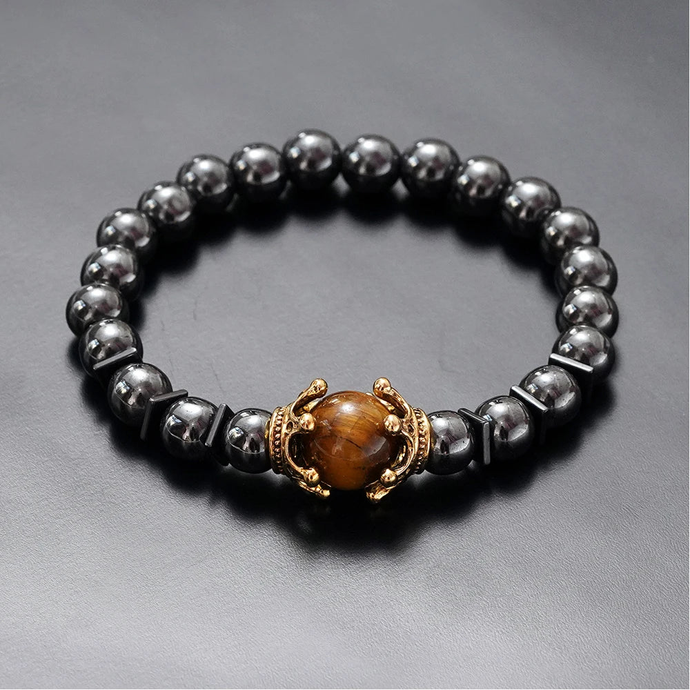 Charm Bracelet for Men Fashion Luxury Antique crown High quality Tiger eye stone bead Bracelets Jewelry Male Pulseira bileklik