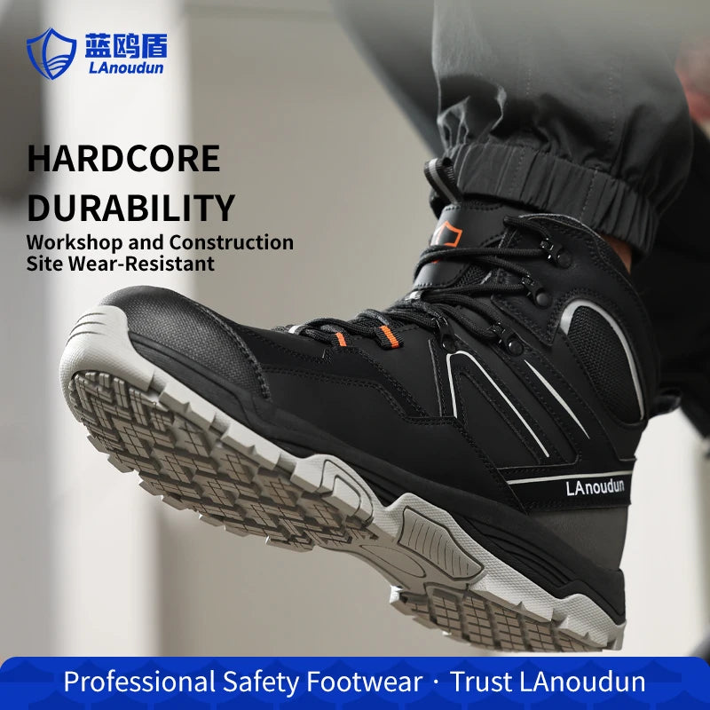 Lanoudun Building Site Safety Shoes For Men Black Steel Toe Puncture Resistant EN Steel Toe Cap Microfiber