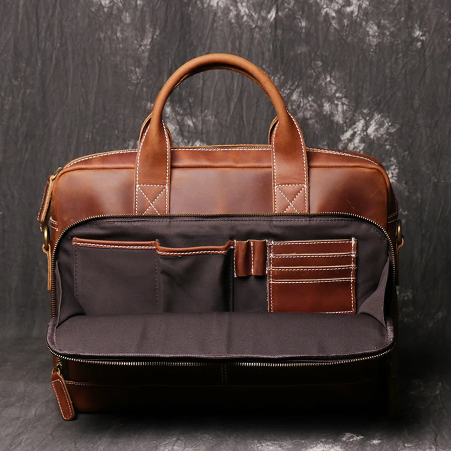 Genuine Leather Laptop Bag Crazy Horse Leather Briefcase Business Tote Bag Cowhide Mens Briefcases for Men Travel Messenger Bags