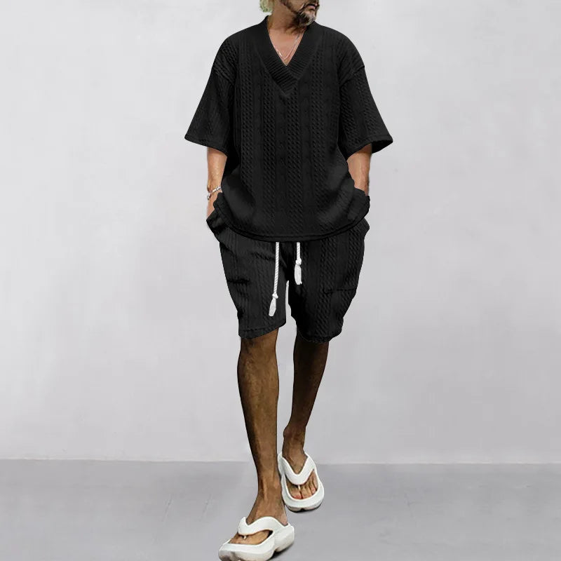 2024 Summer Men's Breathable Jacquard Casual Suits Loose Short Sleeve T-Shirt + Shorts V-Neck Tracksuit Two-Piece Set