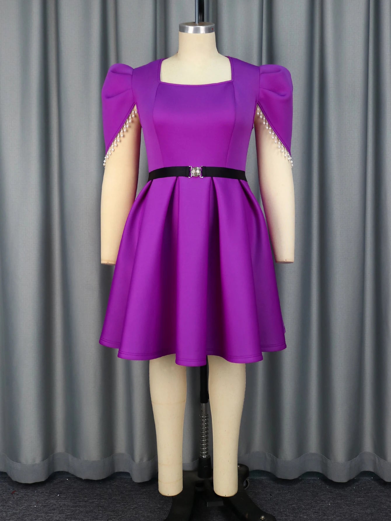 AOMEI Square Neck a Line Puff Sleeves with Beading Elegant Lady Birthday Purple Party Casual Dress with Black Belt