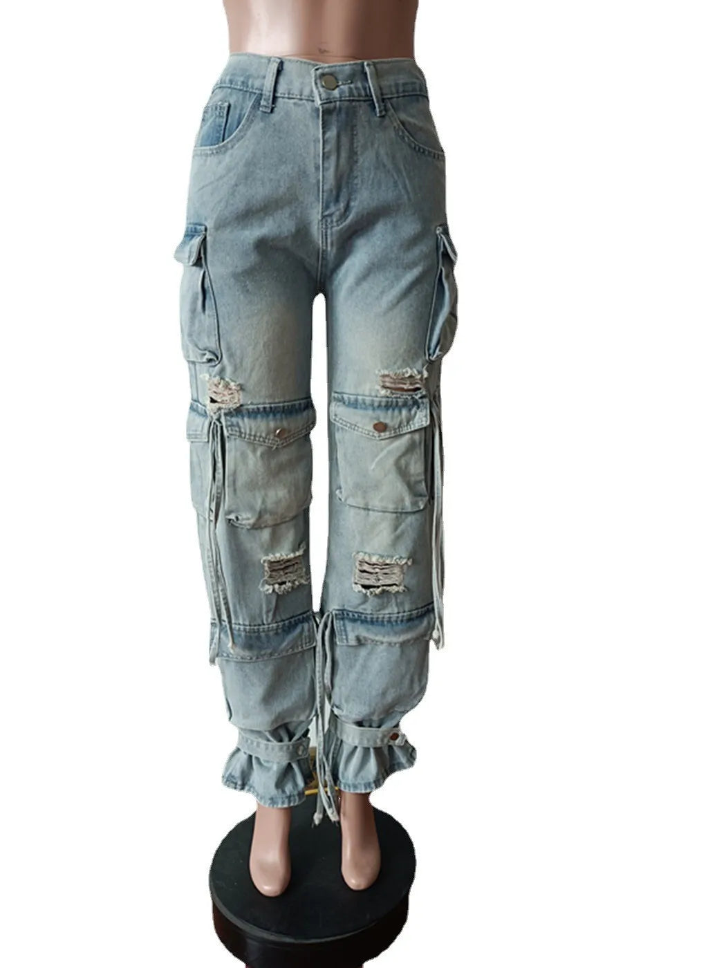 F88483 High Waist Chic Ripped Hole Baggy Jeans Y2K Denim Boyfriend Street Style Wide Leg Straight Cargo Jeans