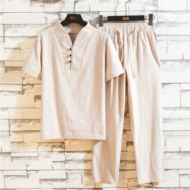 Custom New Fashion Men's Summer Suit - Large Size Chinese Style Loose Retro Casual Two Piece Set with Traditional Design