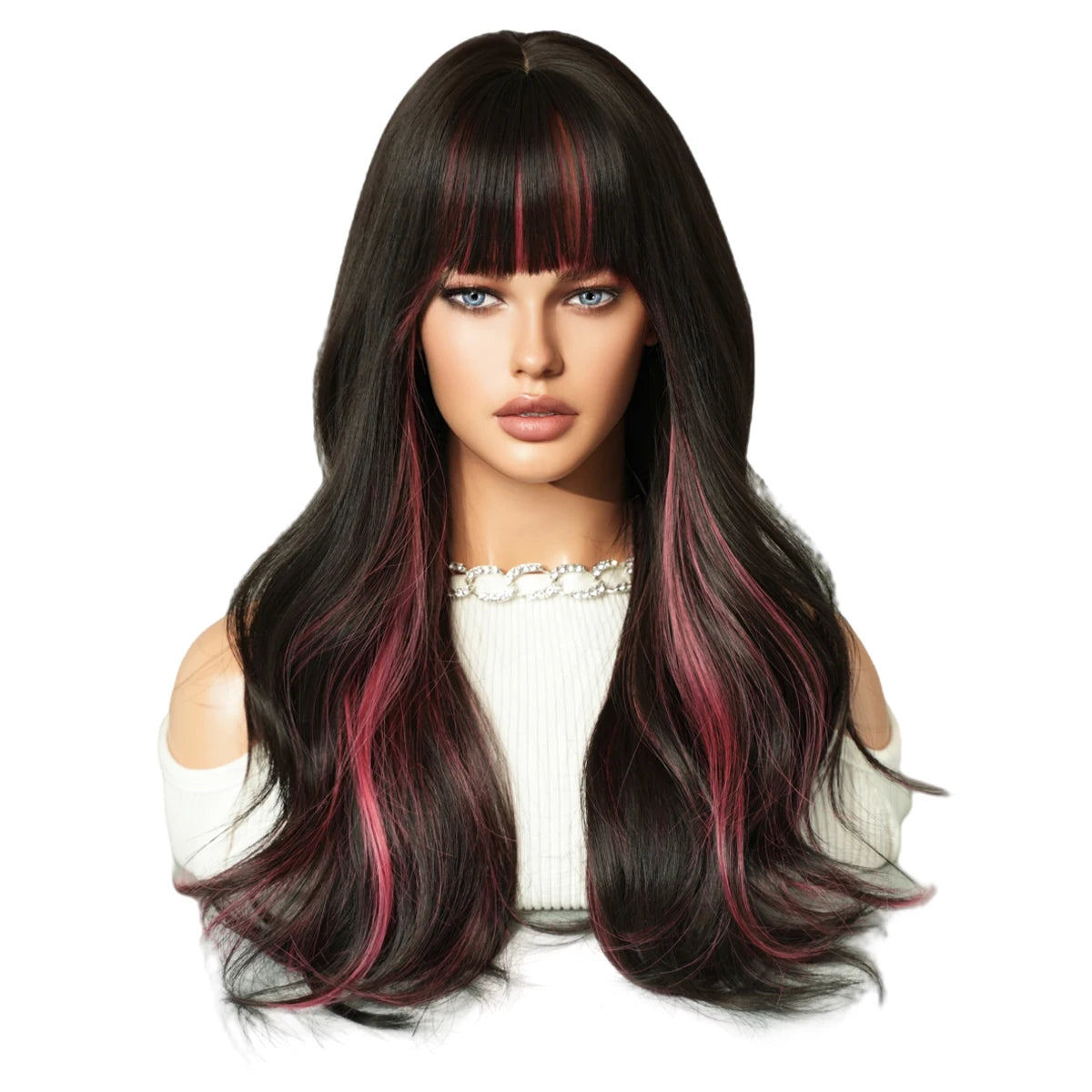 Skunk Stripe Body Wave Long Wavy Synthetic Hair Wig for Women Highlight Synthetic Wig with Bangs Natural Looking Realistic Wig