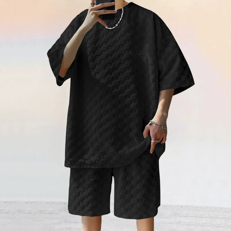 Men's Sports Suit Summer New High Street Jacquard Plaid T-shirt Shorts Two-piece Set Male Casual Retro Loose O-neck Top