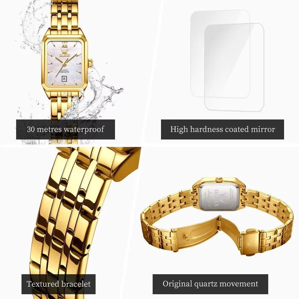 OLEVS 5616 New Waterproof Stainless Steel Ladies Quartz Watches Women Fashion Elegant Square Golden Watch Calendar Wristwatch