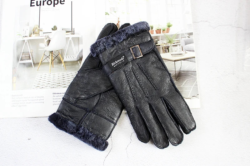 Sheepskin Fur Gloves Men's Thick Winter Warm Large Size Outdoor Windproof Cold Hand Stitching Sewn Leather Finger Gloves