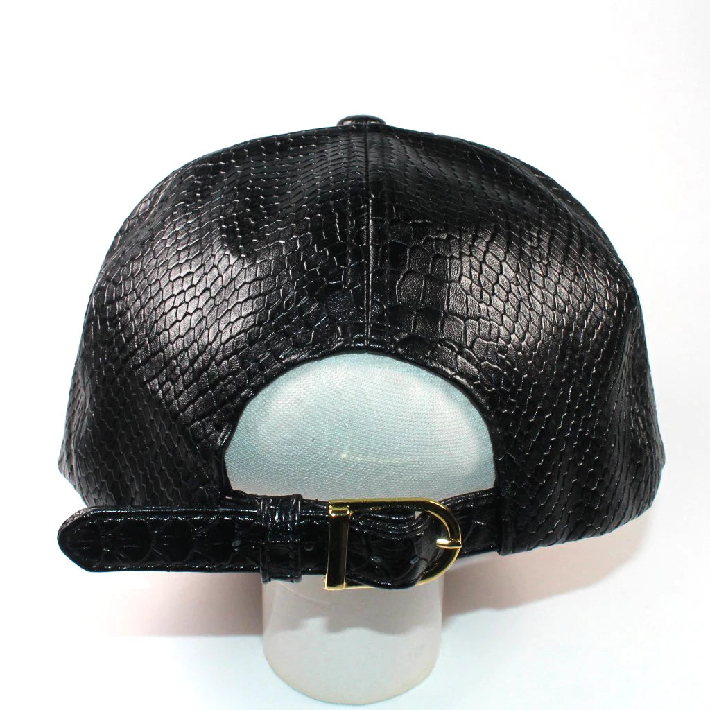 Wholesale Black Snakeskin PU Leather Common Fabric 6-Panel Fashion Cap-Logo Embroidered Adjustable Strapback Hat for Unisex