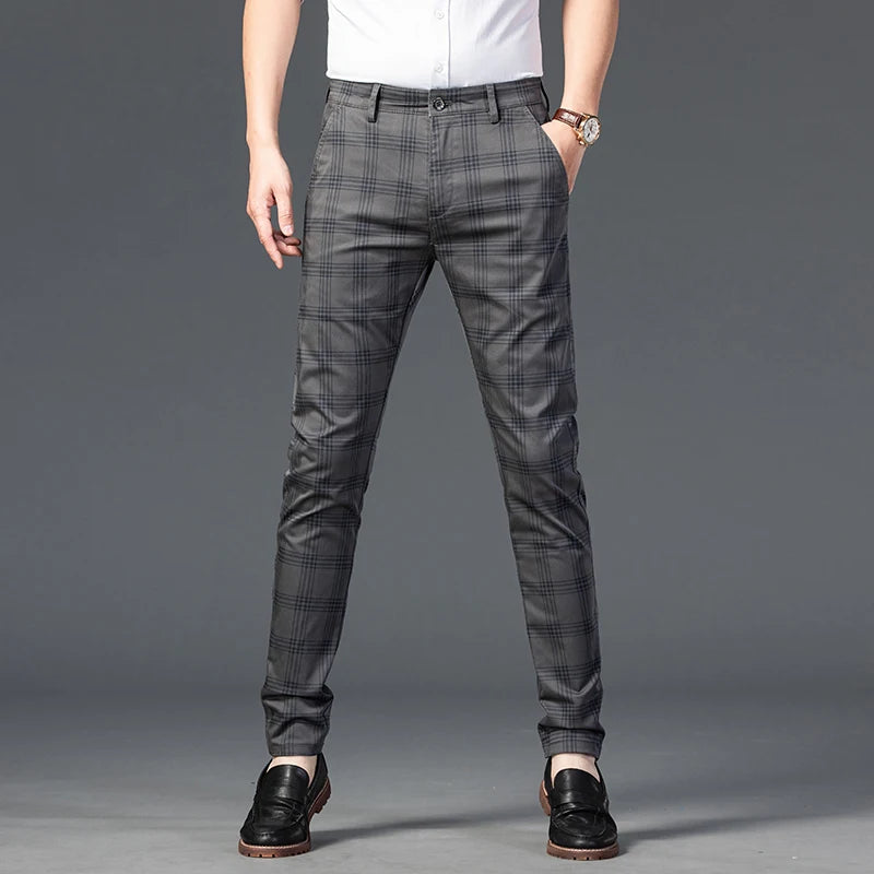 2025 Spring New Men's Plaid Casual Pants Business Fashion Slim Stretch Male Skinny Trousers Brand Clothes 7 Color