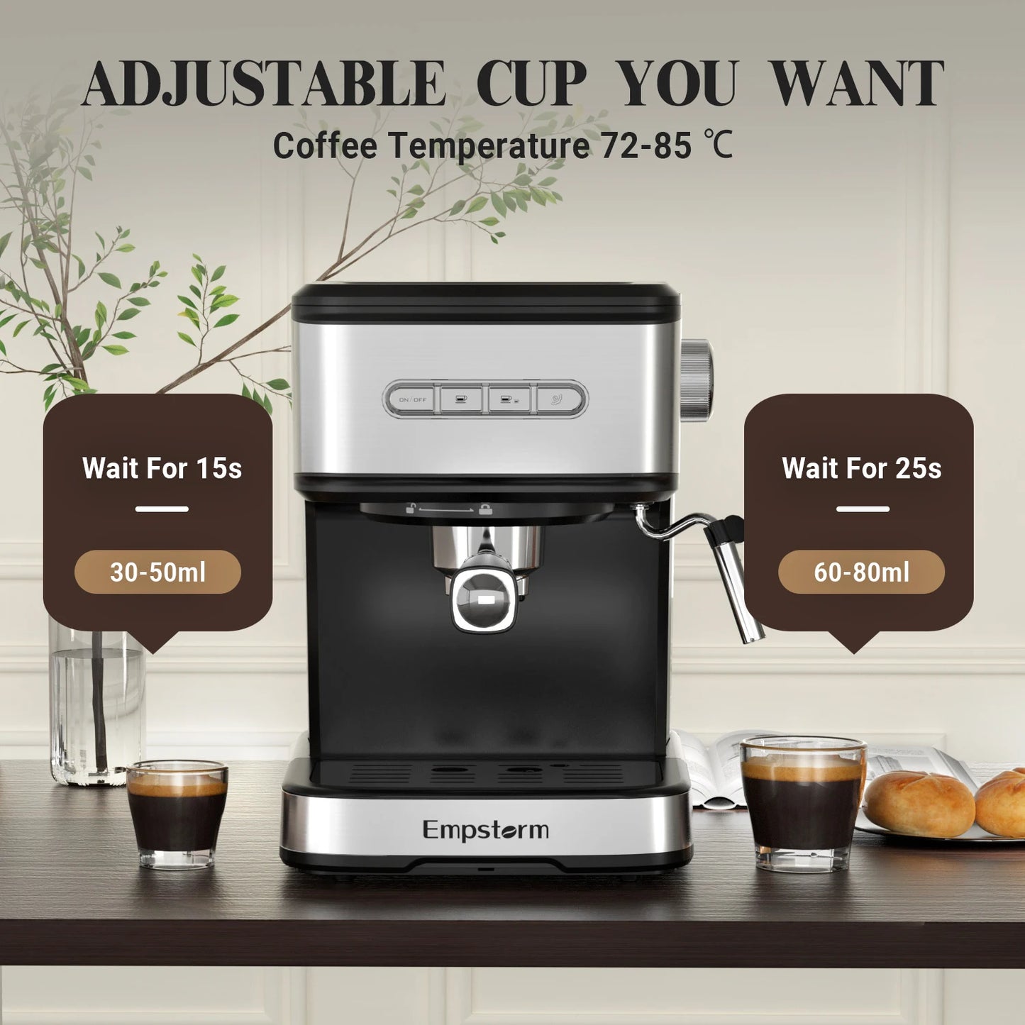 Empstorm 01E 20 Bar Semi-Automatic Espresso Machine 850W with Milk Frother Steam Wand Makes Lattes Cappuccinos for Home Use