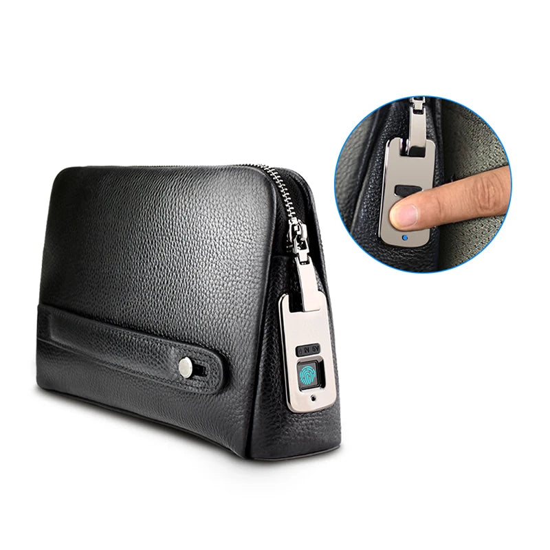 Fingerprint Lock Men Cowhide Leather Handbags Anti-theft Cash Long Men's Business Clutch Fingerprint Bags