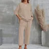 S-4XL Summer Plus Size Women Cotton Loose Elegant Short Sleeve Trousers Two-piece Set Solid Color Breathable Women Casual Suits