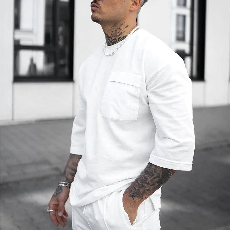 2024 Summer New Sports Set Men's Street Trend Casual Short Sleeved Long Pants Casual Two Piece Set