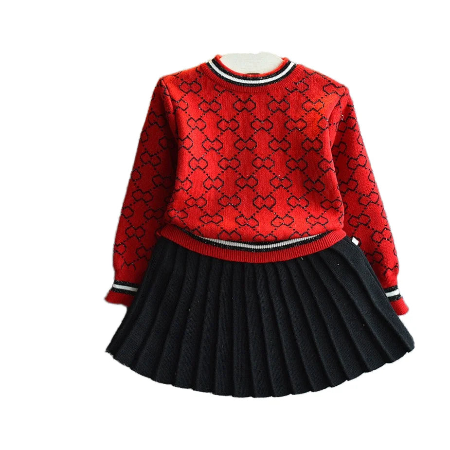 2025 Spring Autumn New Style Custom Print 2-Piece Set for Kids Sweet Cotton Sweater with Pleated Skirt for Little Girls