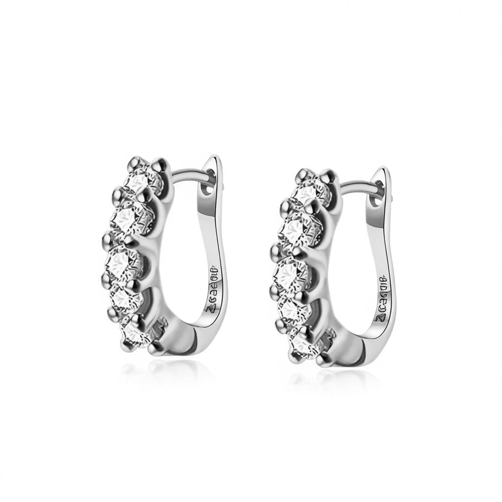 E662 White Gold Huggie Earrings Round Zircon Claw Setting Women's Classic Fashion Jewelry