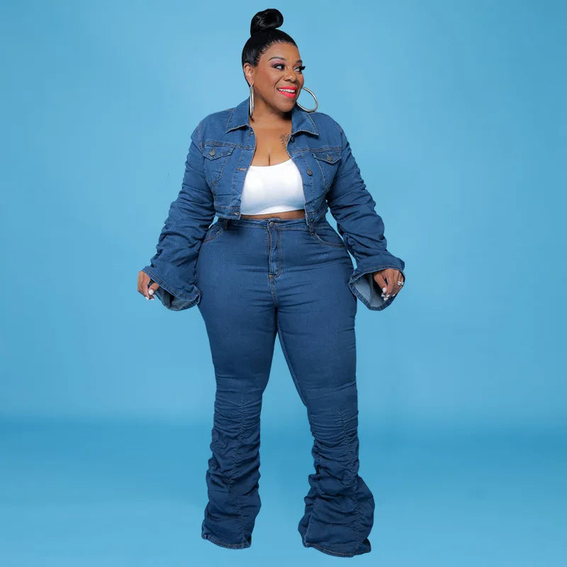 Denim Plus Size Sets Women 2 Piece Set Puff Long Sleeve Jacket Stretch Stacked Jeans Fall Winter Clothes Wholesale Dropshipping