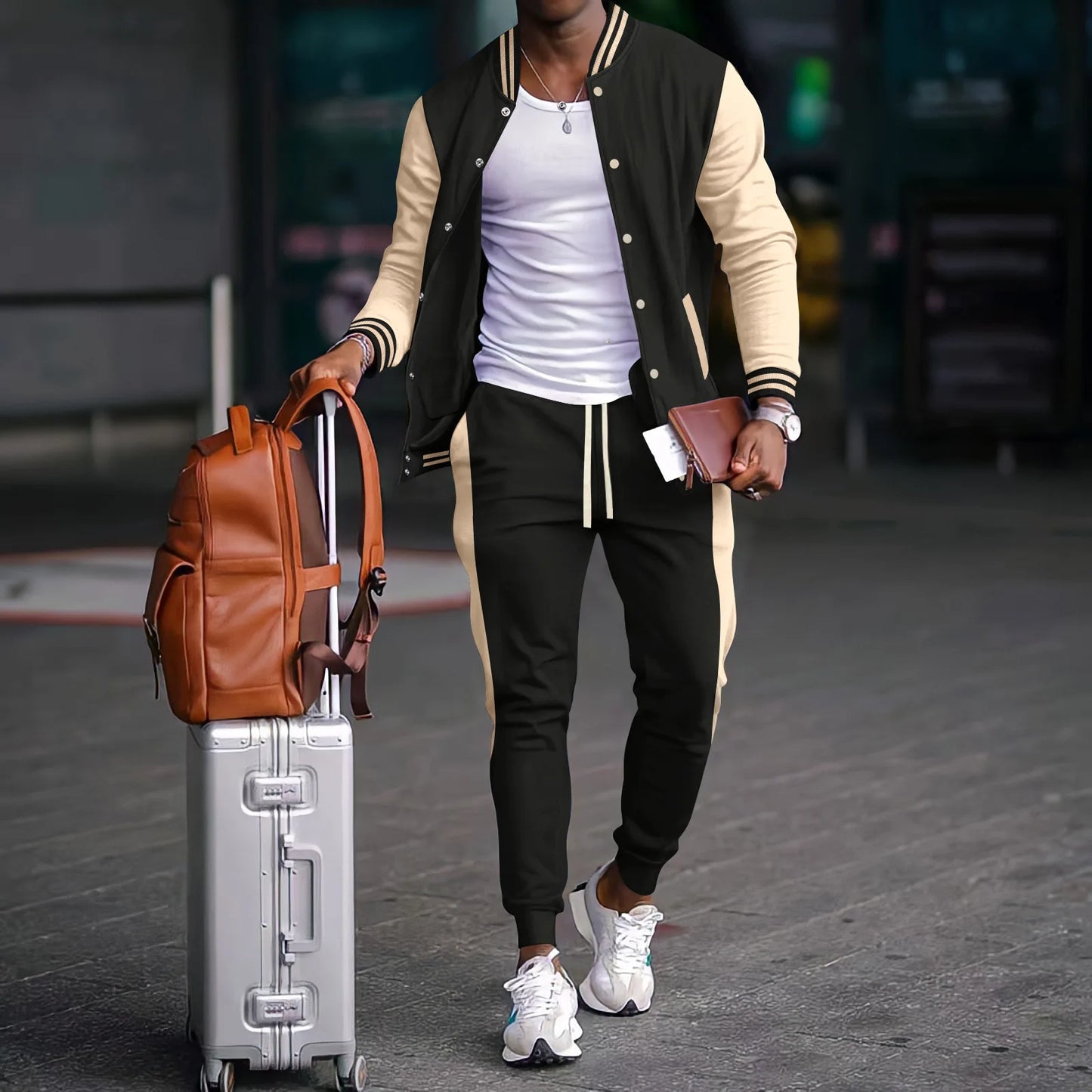 Ohsisa 2025 Men Spring Autumn Sports Set Baseball Jacket Coat Long Sleeve Button Cardigan Two Piece Set Long Pants Suits