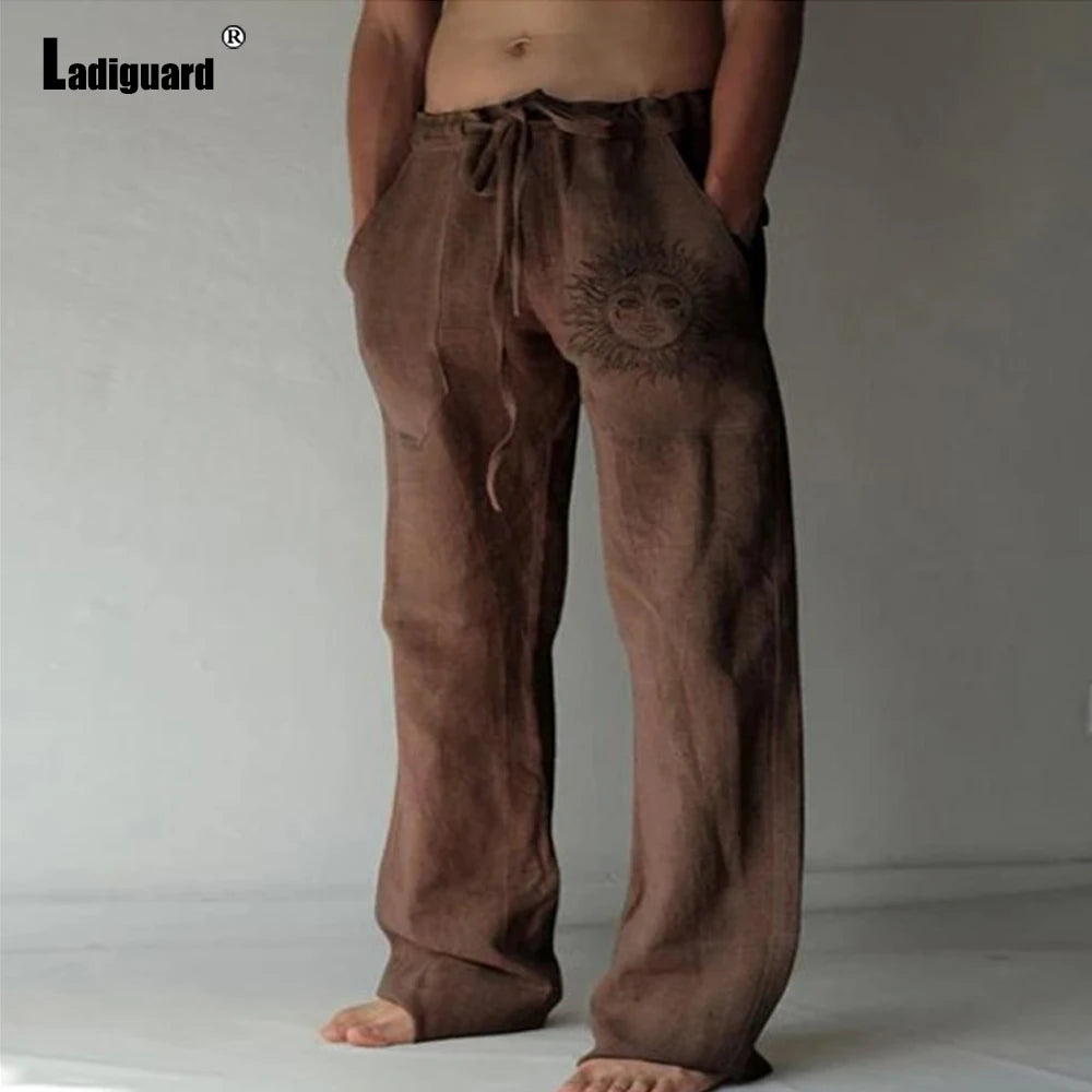 Plus Size 5xl Mens Loose Pants 2025 Summer Casual Linen Pants Male Fashion Print Trouser Men Patchwork Drawstring Leisure Pant