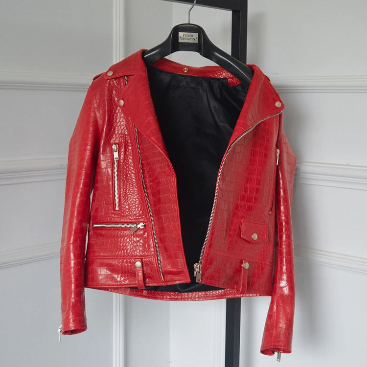 Mauroicardi Spring Red Crocodile Pattern Faux Leather Biker Jacket Long Sleeve Zipper Plus Size Designer Men Clothing 4xl 5xl