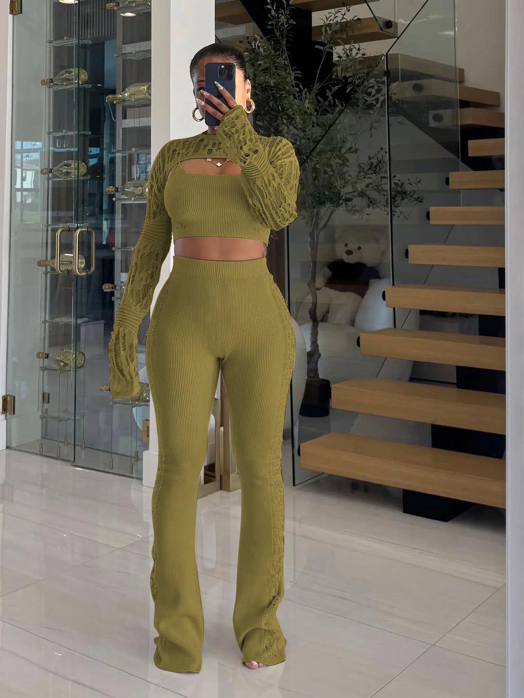 3 Pieces Fashion Winter Clothes Womens Crop Top Knit Sweater Set Women Sweatsuit Set Tracksuit 3 Piece Outfits Set
