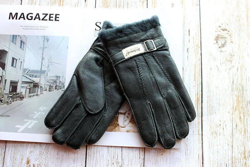 Sheepskin Fur Gloves Men's Thick Winter Warm Large Size Outdoor Windproof Cold Hand Stitching Sewn Leather Finger Gloves