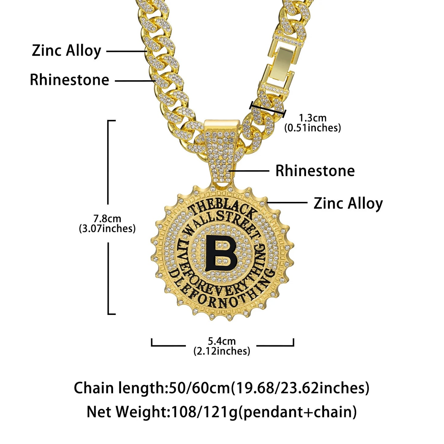 CJH Hip Hop Brand Men's Full Diamond Cuban Necklace Round B Diamond Letter Pendant Long Chain for Gift Cross-Border Supply