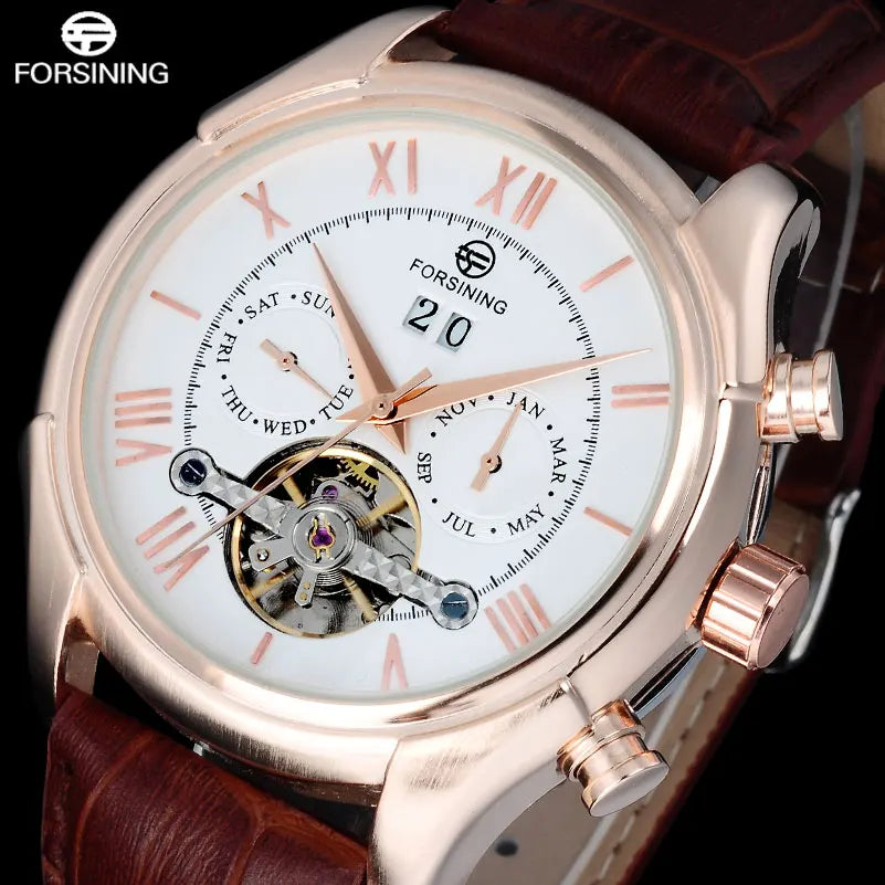 Men's Mechanical Wrist Watch Auto Date Week Month Display Rose Gold Roman Numerals Leather Band 22mm Width Analog Brand Name