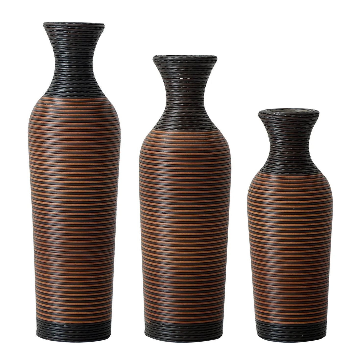 Set of 3 Brown Hand-Woven PVC Rattan Vases 27.56in 23.62in 19.69in Tall Farmhouse Decorative for Outdoor Home Decor