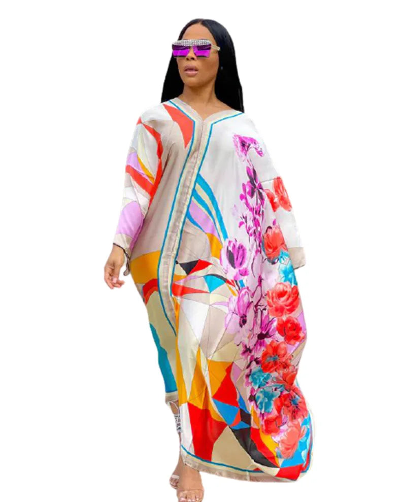 TWOTWINSTYLE V Neck Long Sleeve Print Colorful Loose Dresses Female Summer Fashion