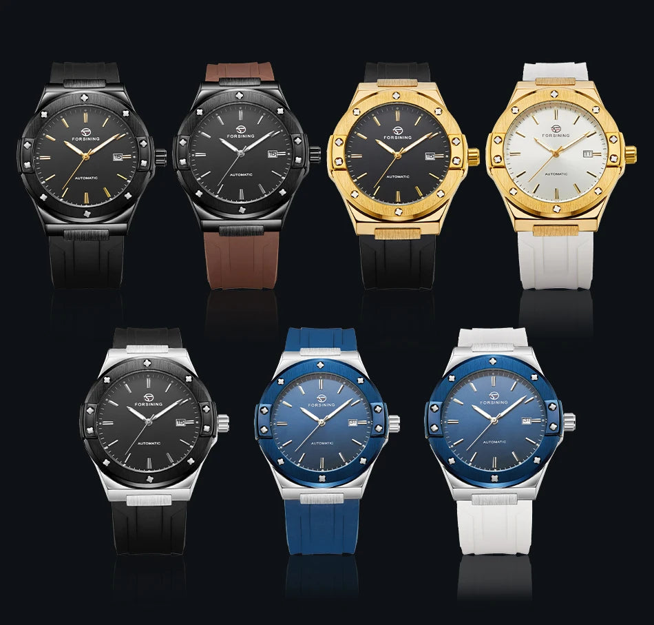 For FORSINING Luxury Automatic Men's Mechanical Watch Waterproof Luminous Calendar with Silicone Band Hollow Out Business Design