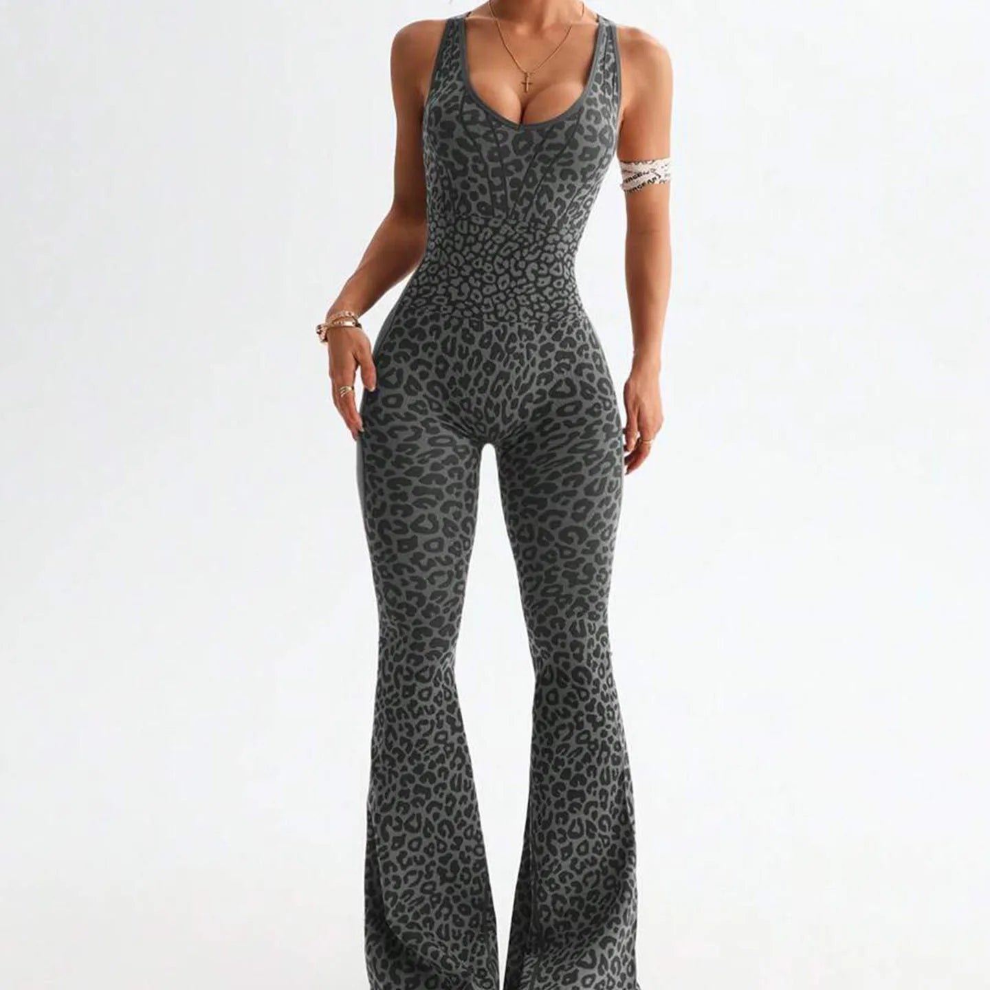 Women's Seamless Leopard Print Crisscross Back Yoga Bodysuit Butt Lifting Flare Leg Fitness Wear Sports Jumpsuit