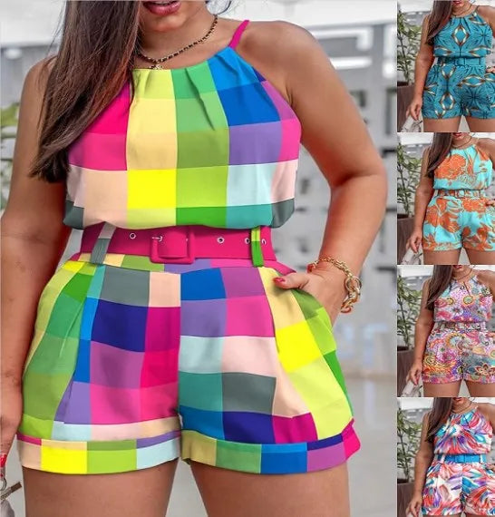 ANSZKTN Women  Popular Summer  Fashion element Printing Strapless Top 2 Pcs Shorts Set