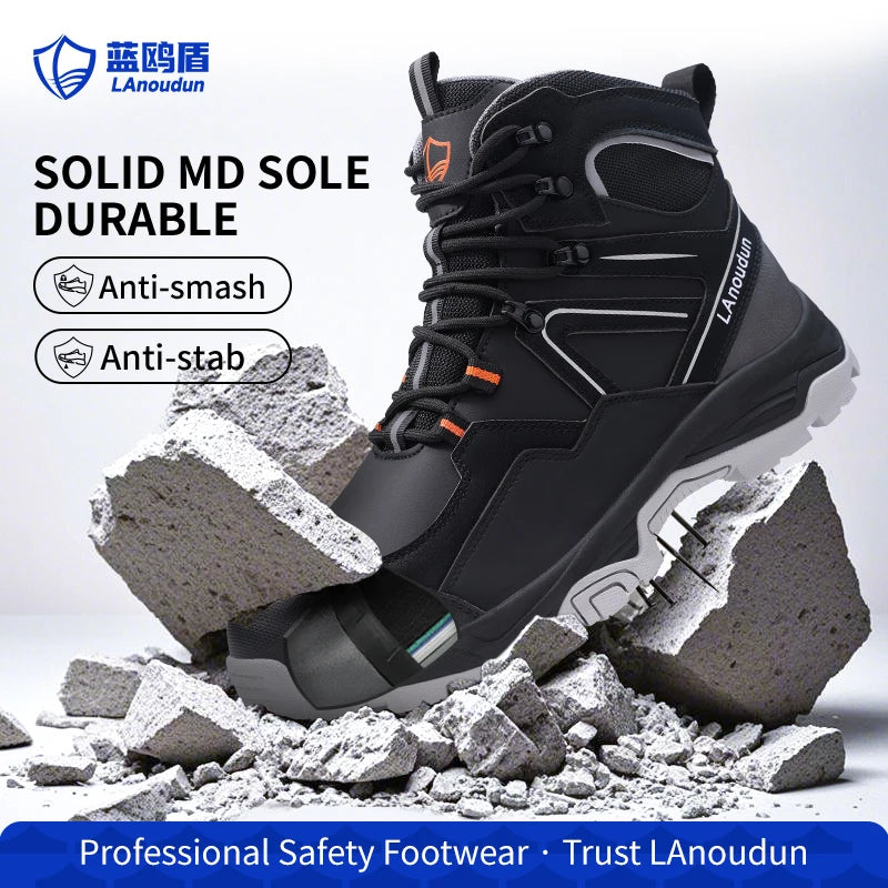 Lanoudun Building Site Safety Shoes For Men Black Steel Toe Puncture Resistant EN Steel Toe Cap Microfiber