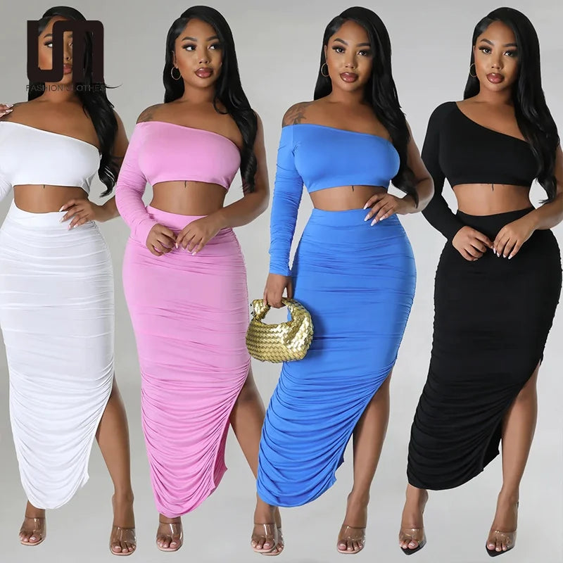 Liu Ming Summer New Arrivals Women Clothing One Shoulder Sleeve Tops Sexy Tight Pleated Irregular Skirt Set