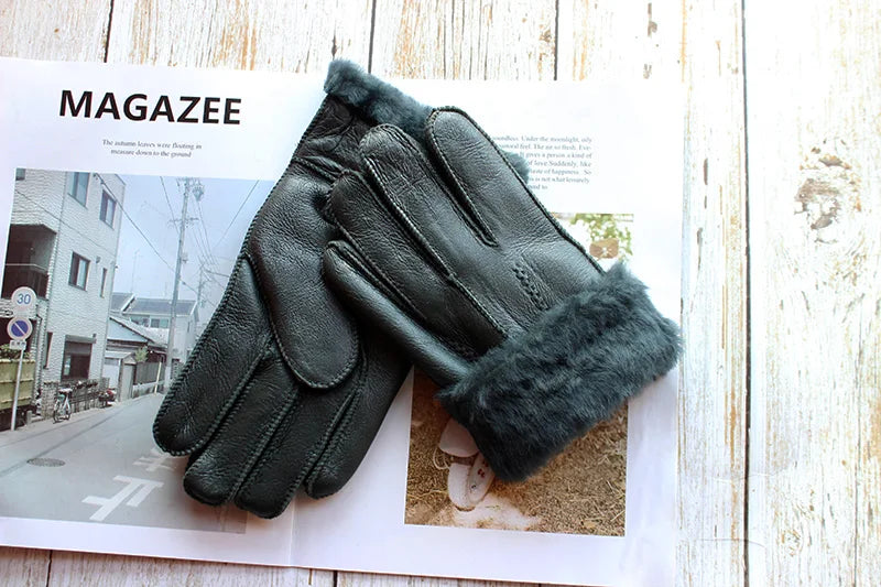 Sheepskin Fur Gloves Men's Thick Winter Warm Large Size Outdoor Windproof Cold Hand Stitching Sewn Leather Finger Gloves