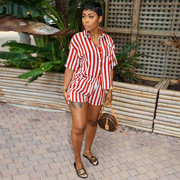 Women's Summer Two-Piece Set Above Knee Crop Top & Booty Shorts Hawaiian Lace Vacation Outfits Striped Print Washed Technique
