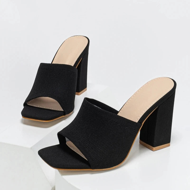 Plus 35-42 Stretch Fabric Women Slippers Fashion Square Toe Mule Slides Shoes 2024 Summer Female Sandals