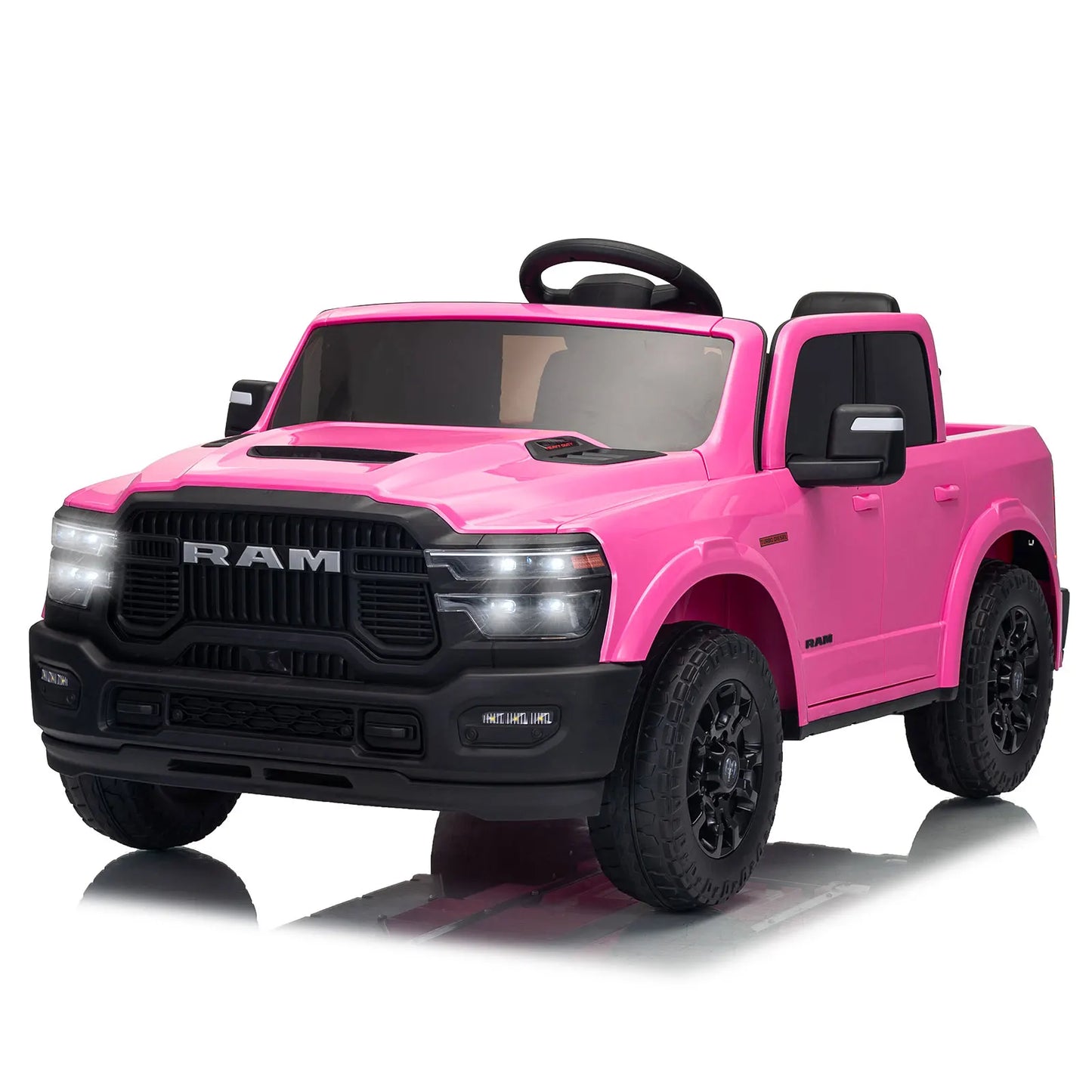 KerryYoo SQ7 Licensed RAM 24V Ride on Truck for Big Kids, 2 Seater Electric Car with Remote Control, Storage Bed - Pink
