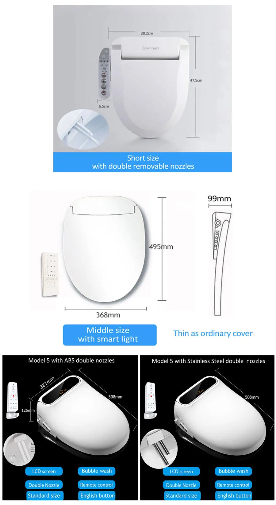 EcoFresh Smart toilet seat  Electric Bidet cover intelligent bidet heat clean dry Massage care for child woman the old