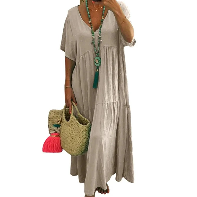 Simple Summer Women's Casual Loose Plain Long Maxi Dresses Plus Size Sundress Short Sleeve Women Boho Dress